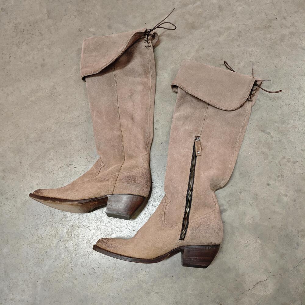 Frye Boots Womens Size 7 Beige Suede Western Knee High Fold Over Cuff Cowboy